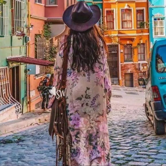 Boho Floral Print Maxi Duster Kimono Coverup - Picture 5 of 11